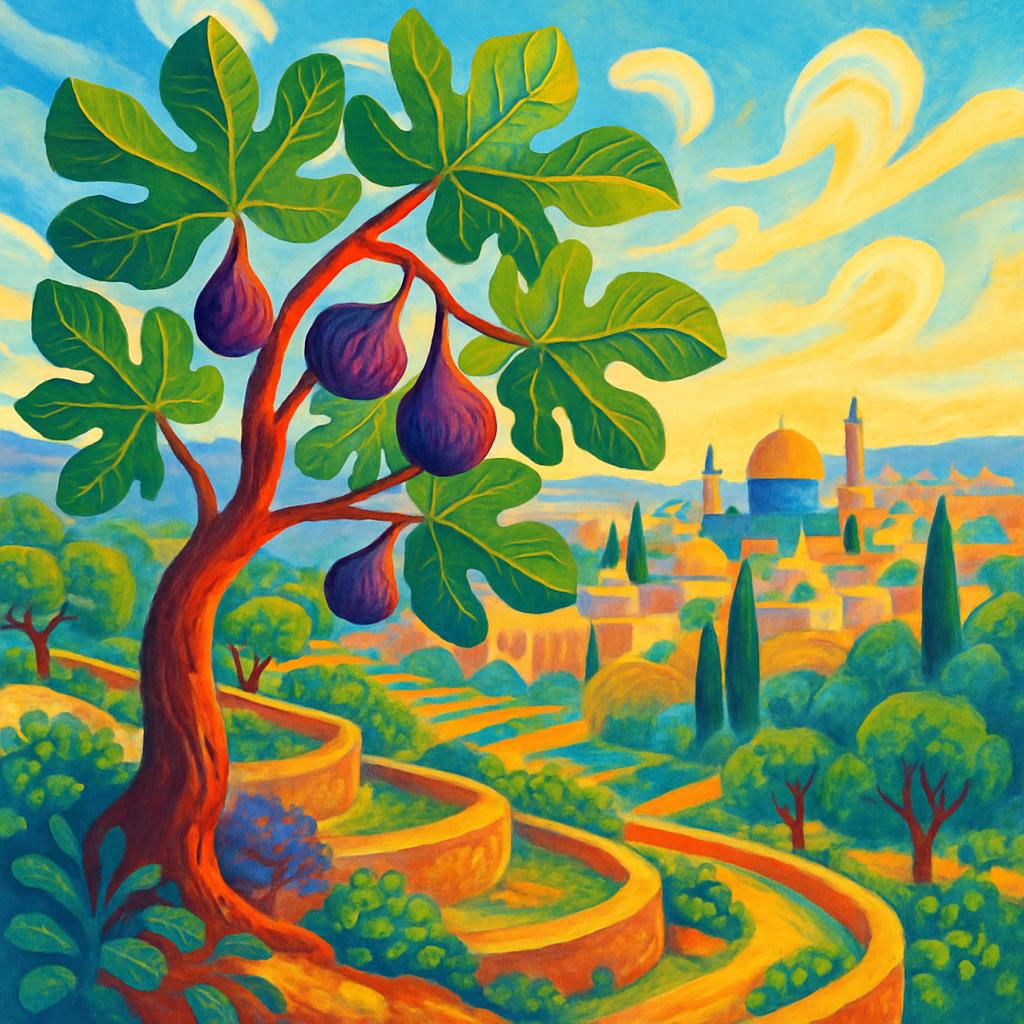 L'arbre fruitier du Moyen-Orient dans un décor urbain lapideux.